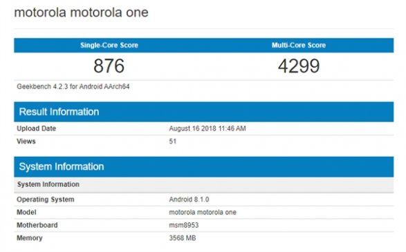 Moto One手机现身Geekbench：或将运行Android One