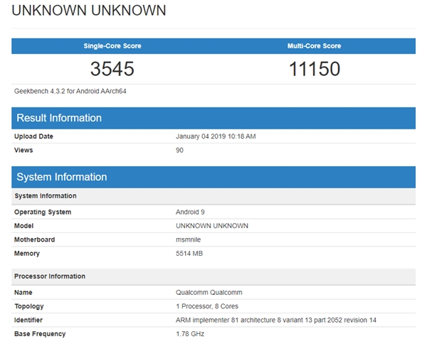 疑似骁龙855 GeekBench跑分曝光：单核心仅超麒麟980 5％