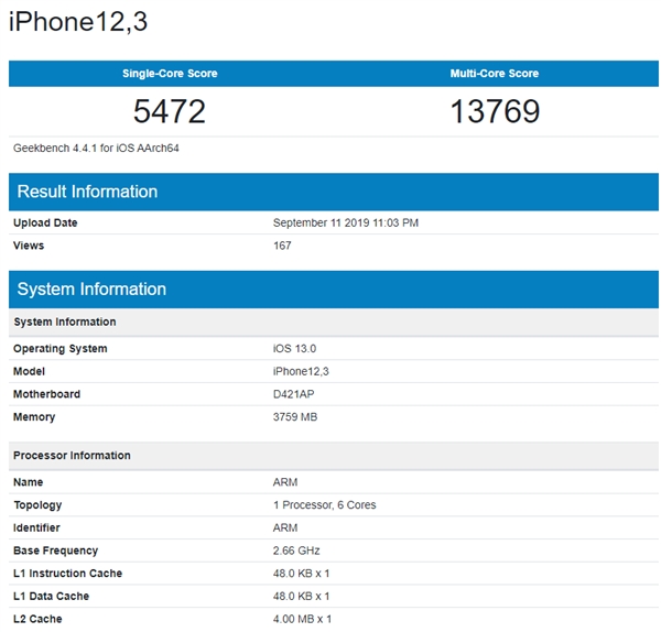 iPhone 11 Pro现身GeekBench跑分：内存4GB、A13性能提升18%