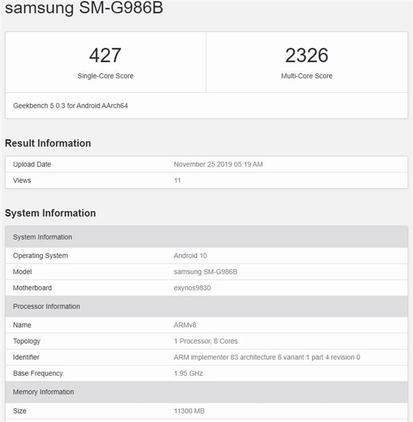 <a href='https://www.samsung.com/cn/' target='_blank'><u>三星</u></a>S11现身Geekbench 5跑分：搭载Exynos 990、12GB内存