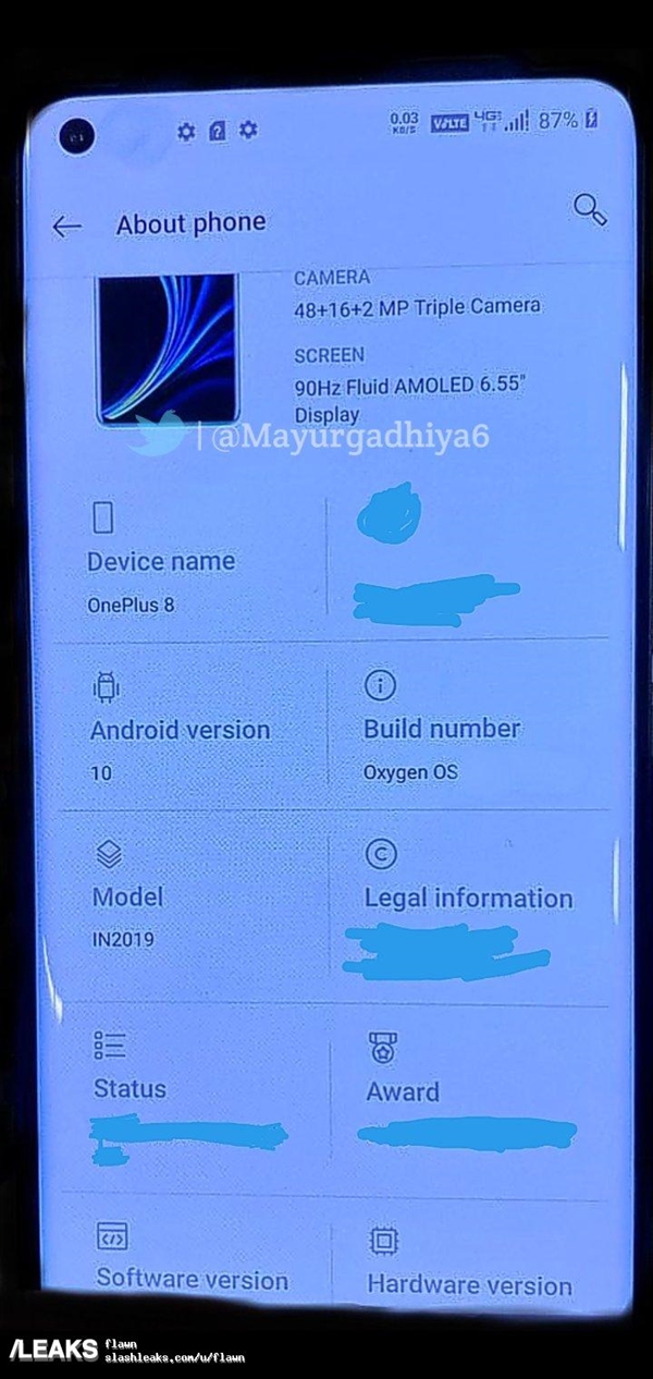 <a href='https://www.oneplus.com/cn' target='_blank'><u>一加</u></a>8真机屏摄照走光？屏幕左上开孔、90Hz/后置三摄