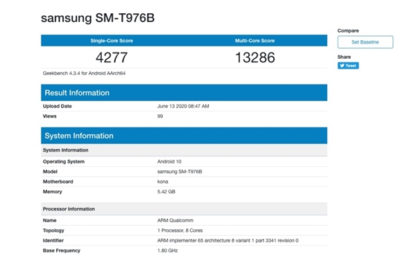 iPad Pro劲敌！<a href='https://www.samsung.com/cn/' target='_blank'><u>三星</u></a>旗舰平板Tab S7+跑分曝光：骁龙865加持