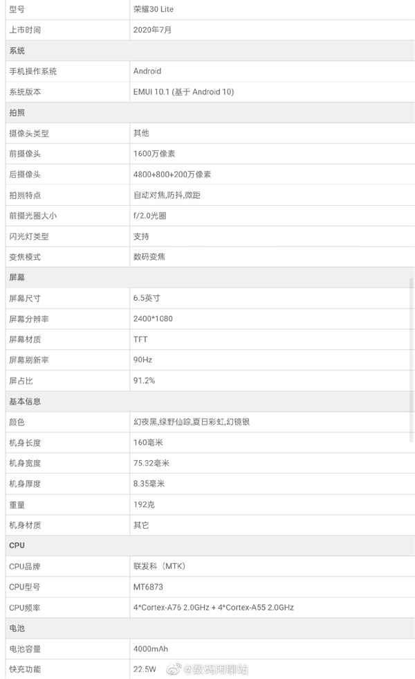 年轻人第一款5G手机？荣耀30青春版曝光：双模5G+90Hz高刷