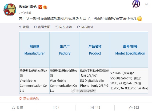 vivo骁龙865旗舰新机入网：配备55W电荷泵快充头