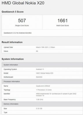 诺基亚X20现身Geekbench：搭载骁龙480芯片
