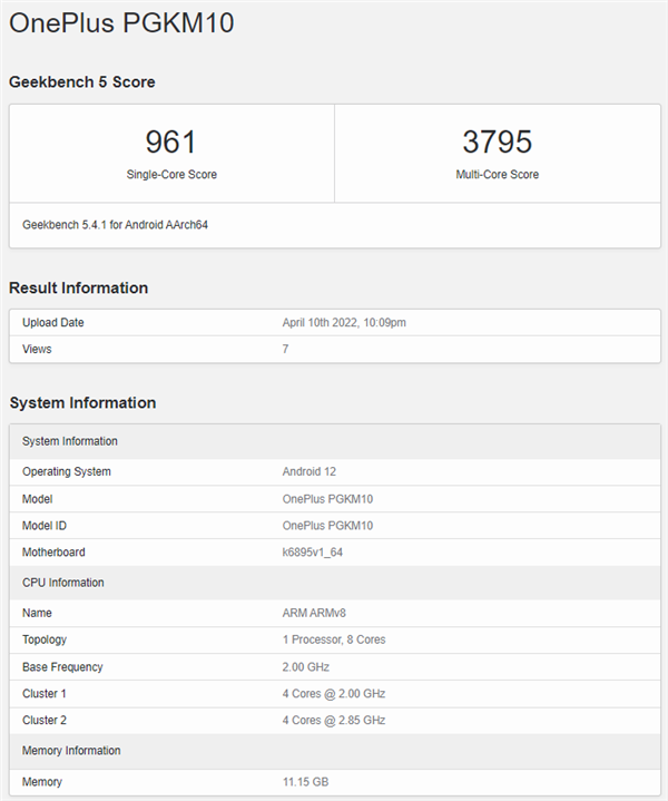 12GB内存！<a href='https://www.oneplus.com/cn' target='_blank'><u>一加</u></a>首款天玑8100新机现身GeekBench：或为<a href='https://www.oneplus.com/cn' target='_blank'><u>一加</u></a>Ace