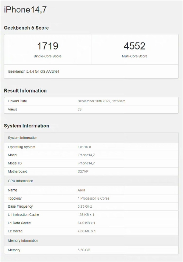 iPhone 14标准版跑分出炉：确认全系6GB内存