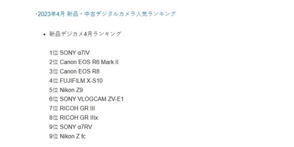 最新数码相机销量排名：<a href='https://www.sony.com.cn/' target='_blank'><u>索尼</u></a>α7 IV斩获第一