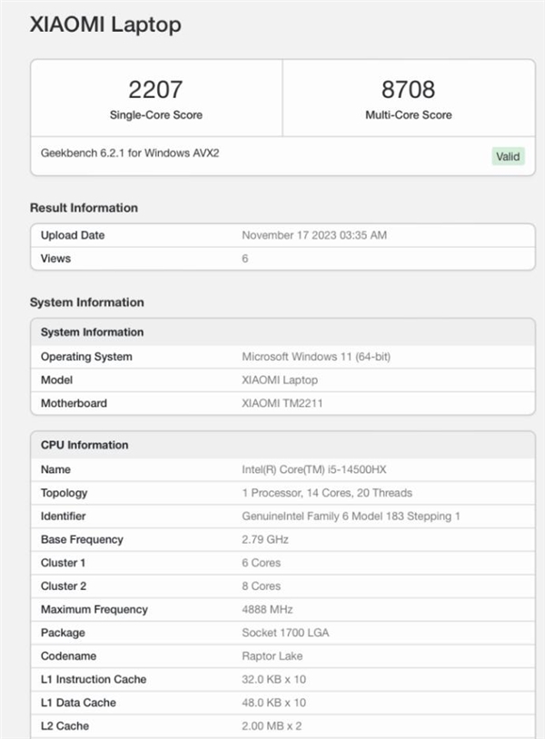 <a href='http://www.mi.com/' target='_blank'><u>小米</u></a>新款笔记本现身Geekbench：顶配i9-14900HX