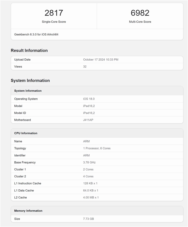 <a href='https://www.apple.com/cn/' target='_blank'><u>苹果</u></a>iPad mini 7平板跑分曝光：提升30%以上