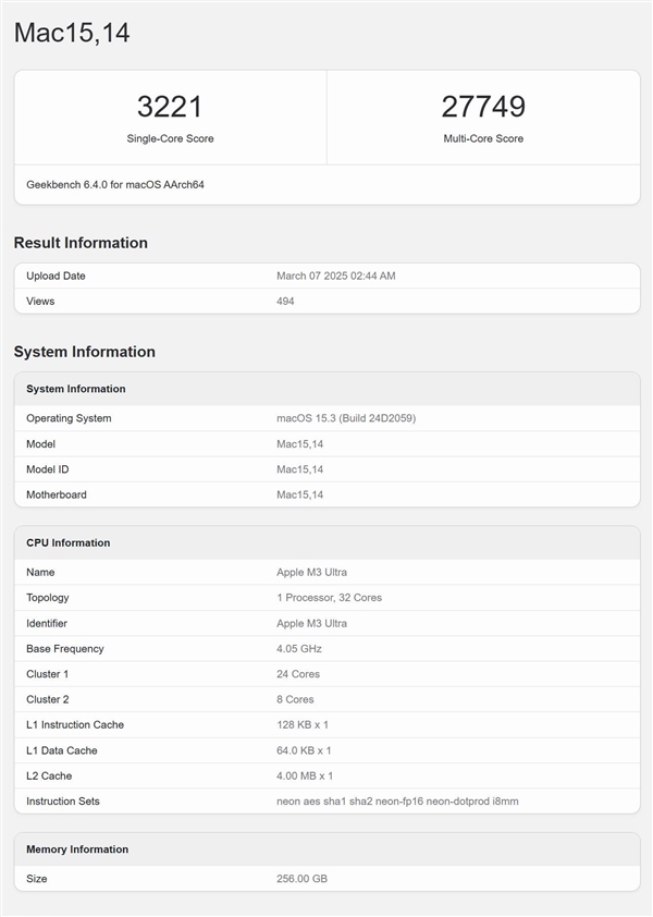Mac Studio全球首发！<a href='https://www.apple.com/cn/' target='_blank'><u>苹果</u></a>最强芯片M3 Ultra跑分出炉：多核成绩突破2.7万分