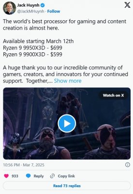 AMD最强游戏和生产力CPU！锐龙9 9950X3D、9900X3D售价公布