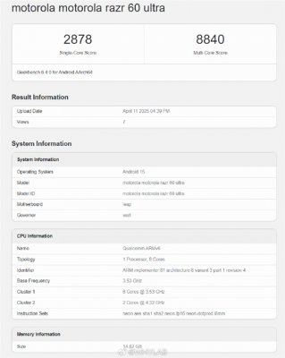 第一台骁龙8至尊版小折叠！moto razr 60 Ultra跑分泄露