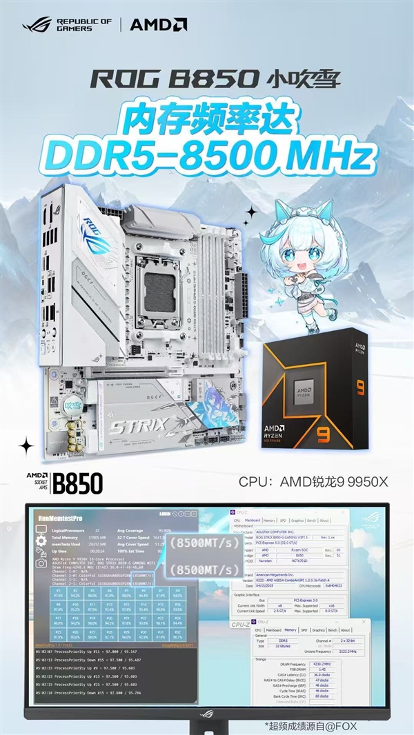 超至DDR5-8500 华硕ROG B850小吹雪主板战力非凡
