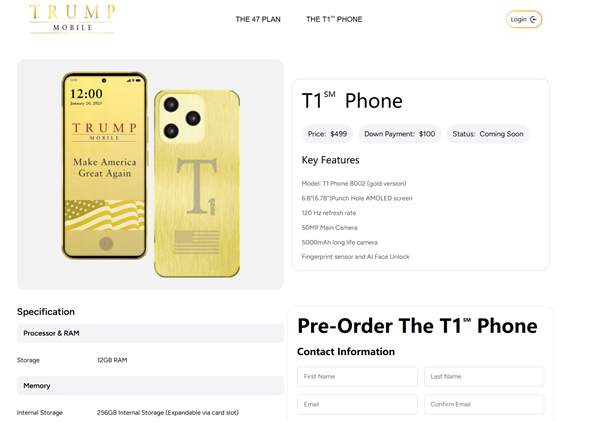 3582元！特朗普手机T1 Phone发布：土豪金色 后摄神似iPhone