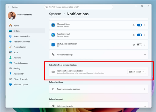 终于可以换位置了！微软Win11测试版更新：音量/亮度条可放顶部